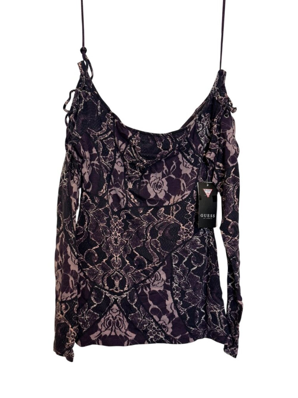 Guess Womens Purple Lace-Print Top With Side Lace-Up Detail Long Sleeves Size S